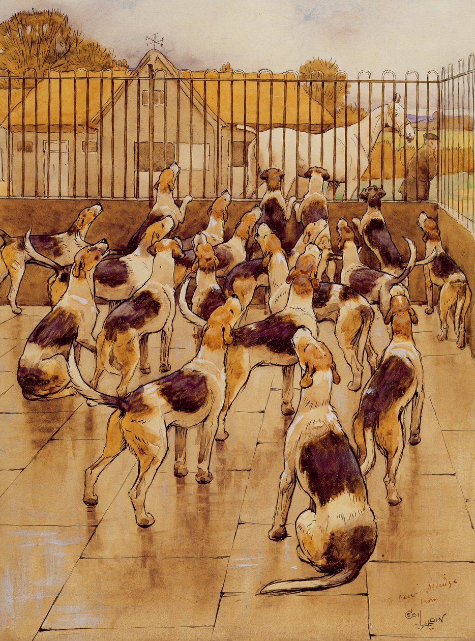 Psi najednou začali sborově výt (grafit, pero a inkoust a wc na papíře) od Cecil Charles Windsor Aldin