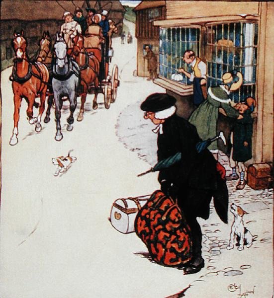 „Klakson, který zazní u vjezdu do vesnice, vyvolává všeobecný ruch“, ilustrace z „Starých Vánoc“ od Washingtona Irvinga (1783-1859) vydané Hodderem a Stoughtonem od Cecil Charles Windsor Aldin