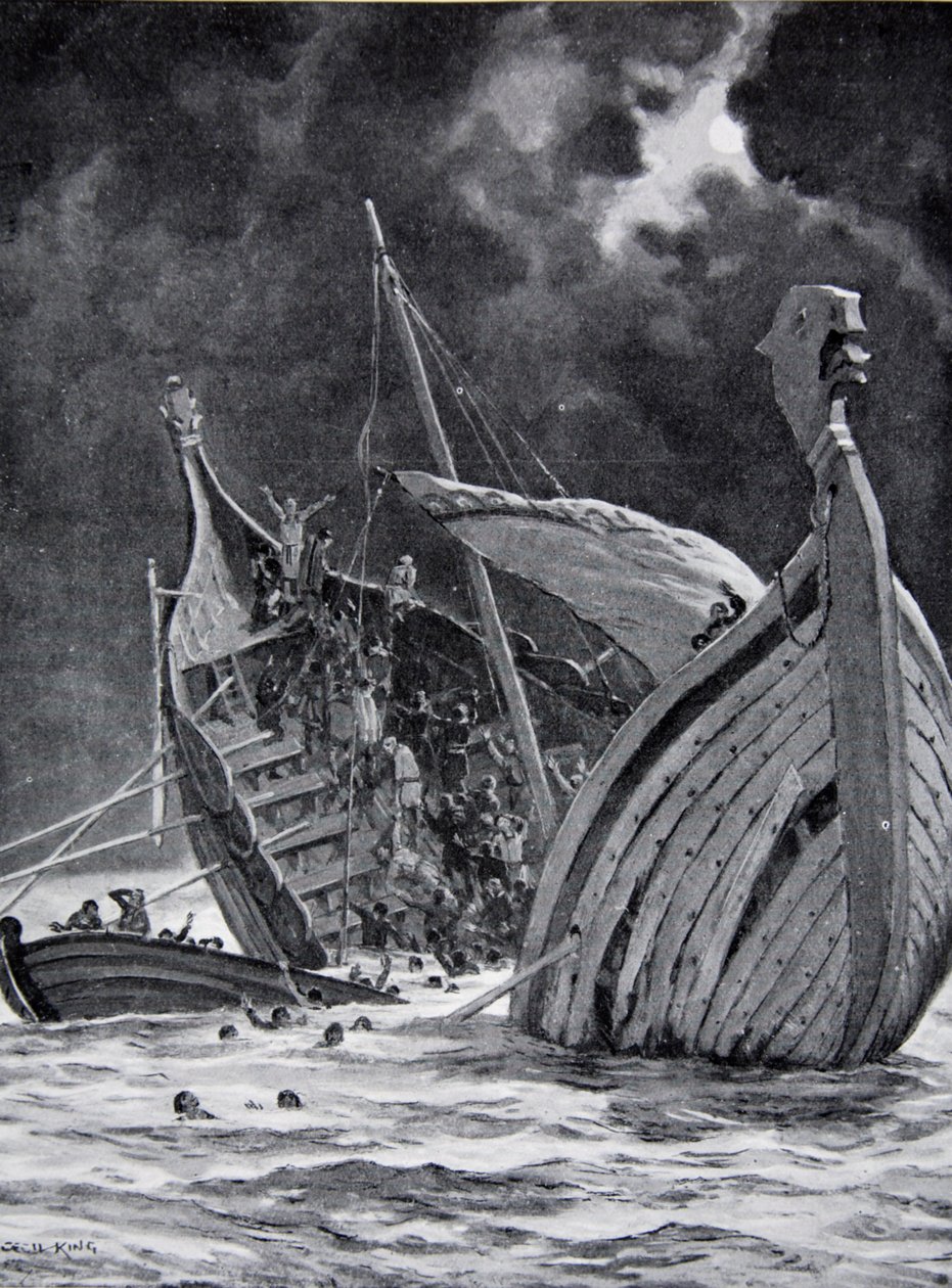 Ztráta Bílé lodi v roce 1120, ilustrace z „Hutchinsonova příběhu britského národa“, kolem roku 1923 od Cecil King