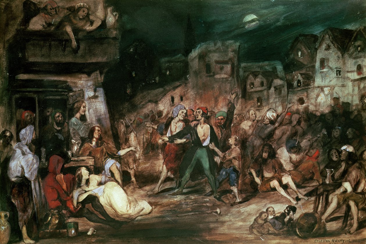 Gringoire na dvoře zázraků, ilustrace z kapitoly VI „Hrbáč Notre Dame“ od Victora Huga (1802-85) 1835 od Celestin Francois Nanteuil