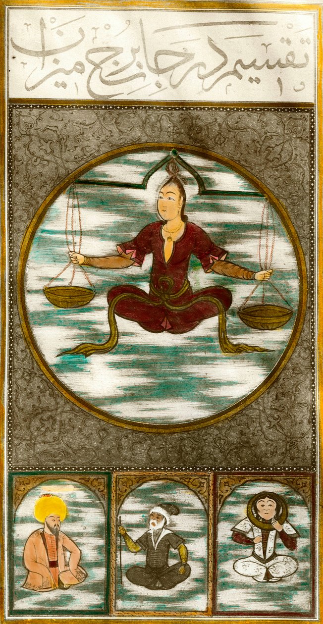 Znamení zvěrokruhu: reprezentace astrologického znamení rovnováhy. Deska převzata z rukopisu. Soukromá sbírka od Central Asian School