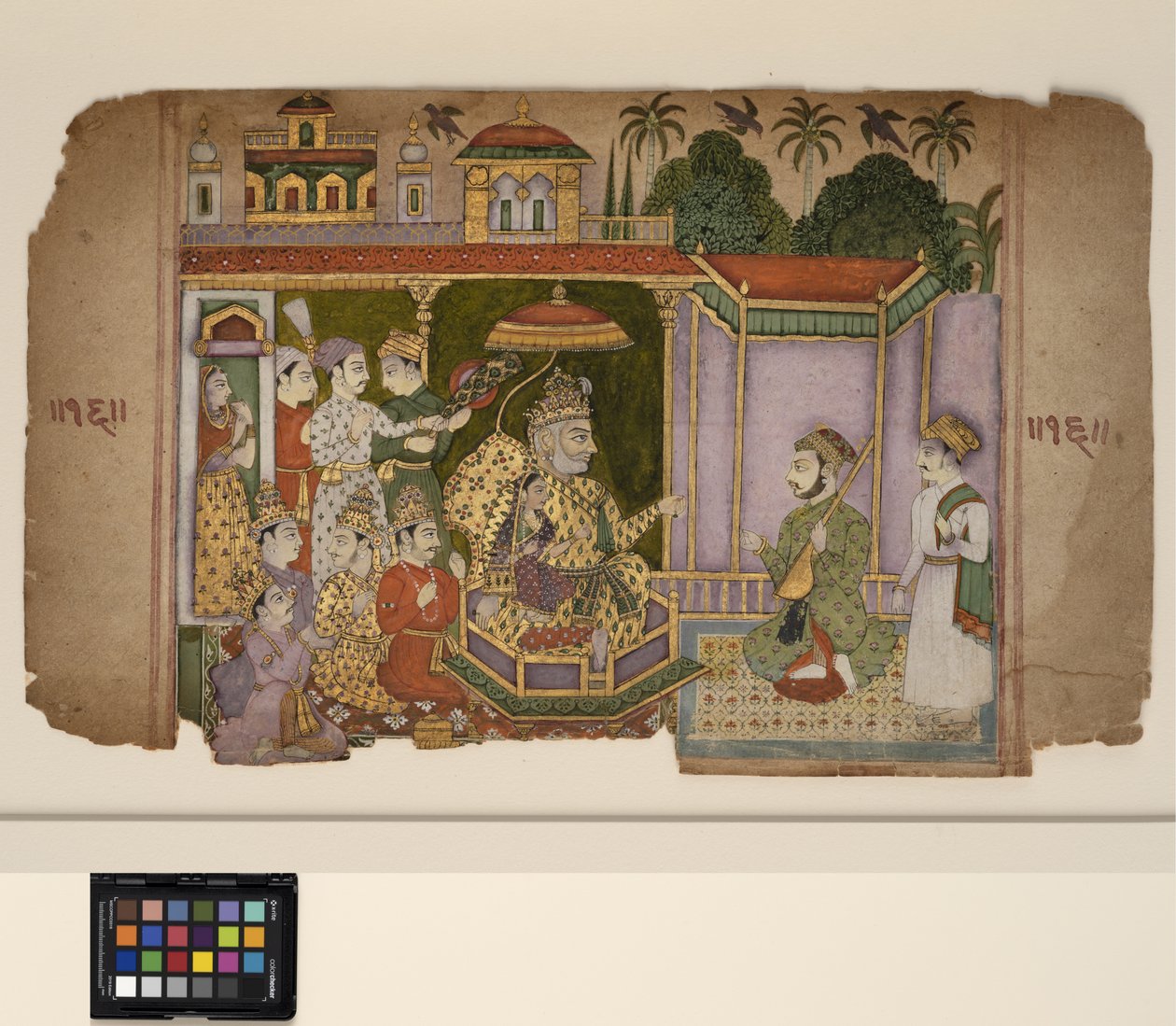 Král a dvořané poslouchají hudebníka, kolem roku 1750 (neprůhledný akvarel a zlato na papíře) od Central Indian School