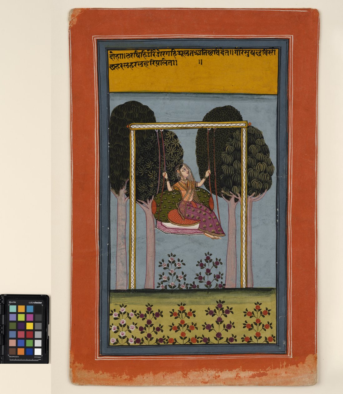Žena na houpačce, cca 1800 (neprůhledný akvarel a zlato na papíře) od Central Indian School