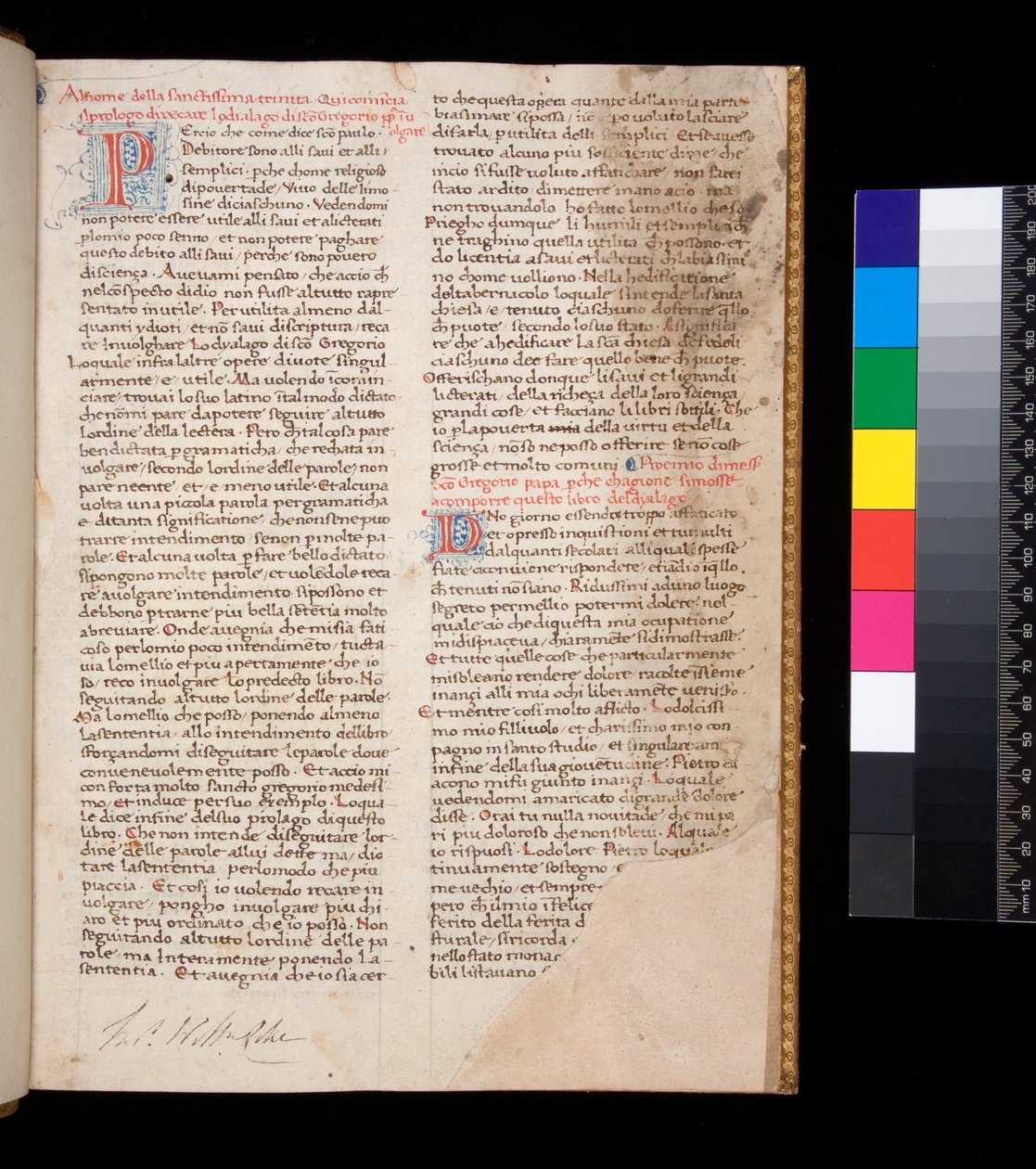 Ms 148. Řehoř Veliký, Dialogi v italském překladu. od Domenico Cavalca, f.1r Zdobená písmena [P] a [D] v červené barvě s perovou dekorací v modré barvě od Central Italian School