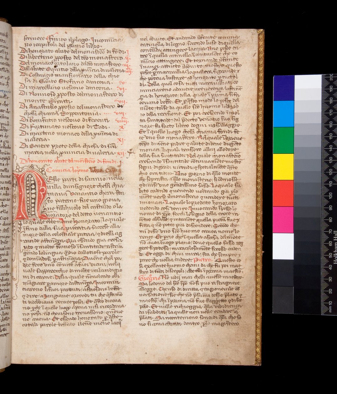 Ms 148. Řehoř Veliký, Dialogi v italském překladu. od Domenico Cavalca, f.2r Zdobené písmeno [N] červeným inkoustem s perem rozkvétajícím hnědým inkoustem od Central Italian School