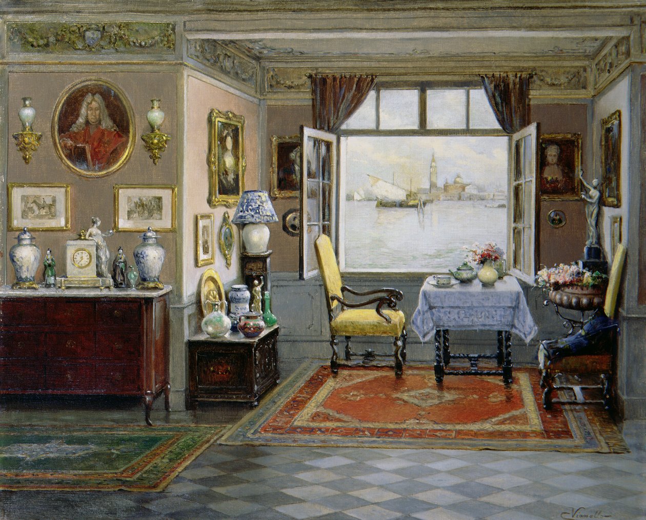 Benátský dům s výhledem na San Giorgio Maggiore z otevřeného okna, cca 1900 od Cesare Vianello
