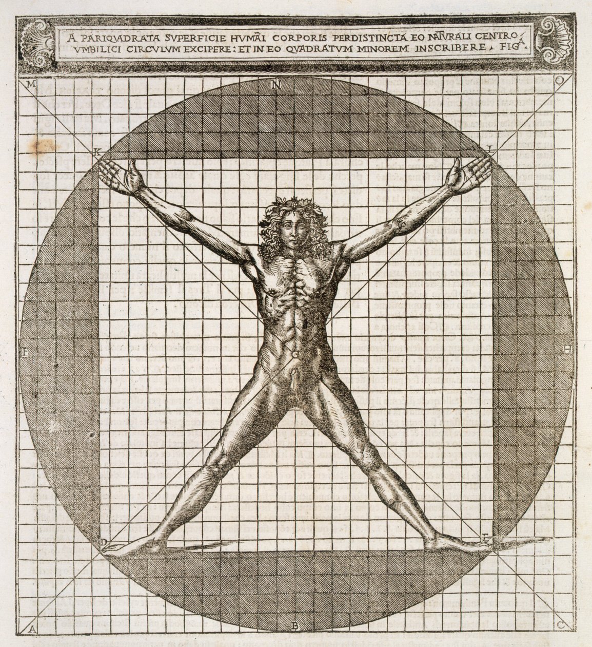 Ideální proporce odhalené jako založené na lidském těle, z „Architektura Knihy Dece, přeložené z latiny do latiny Vulgare“, od Marcus Vitruvius Pollio, přeloženo Cesare Cesariano, publis od Cesare di Lorenzo Cesariano