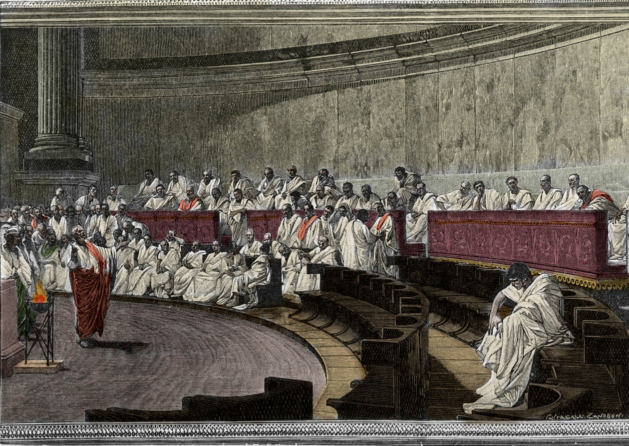 Ciceron odsuzuje spiklence Catilina (Lucius Sergius Catilina) (108-62 př.nl) dne 8. listopadu 63 př.nl, Scéna deroule v Římě v Senátu, vyrytá po fresce vytvořené mezi lety 1882 a 1888 Cesare Maccari (1840-1919). Řím Palazzo Madama. od Cesare (after) Maccari