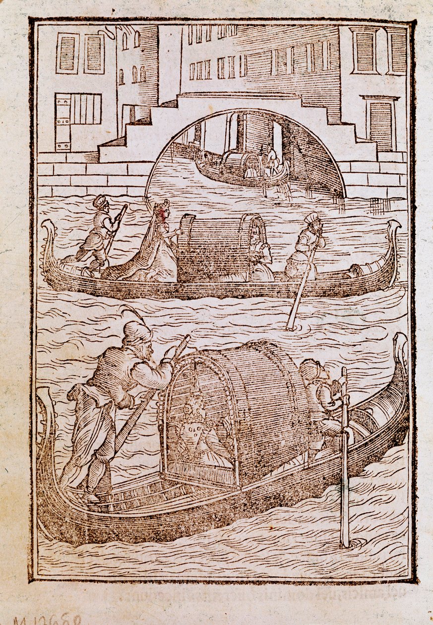 Gondoly v Benátské laguně v 15. století Rytina z "" Starověkých a moderních oděvů "" od Cesare Vecellio (1521-1601) 1590 Benátky Biblioteca Marciana od Cesare (after) Vecellio