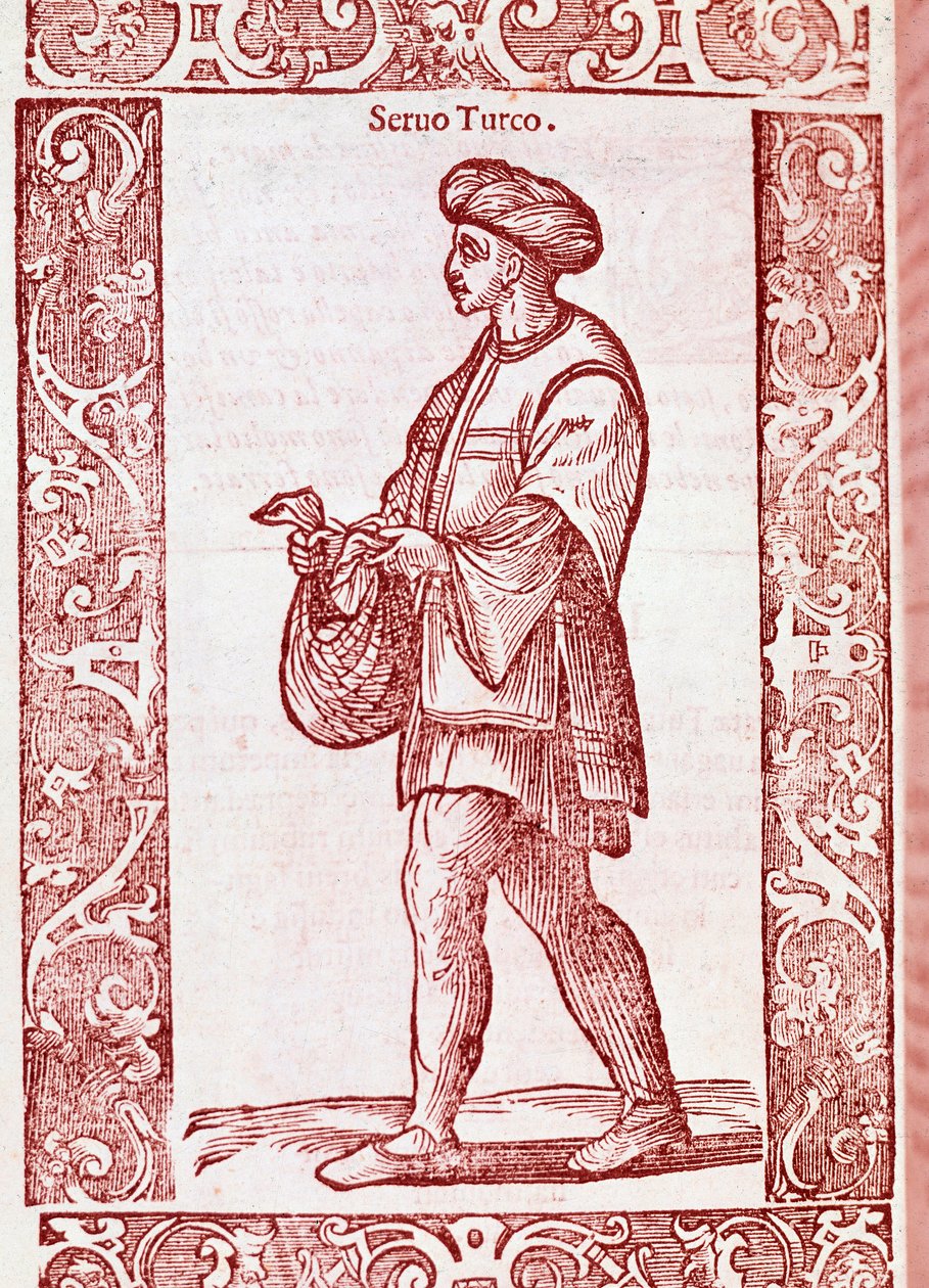"Turecký nevolnický oblek" z "" Starověkých a moderních zvyků "1590 (rytina) od Cesare (after) Vecellio