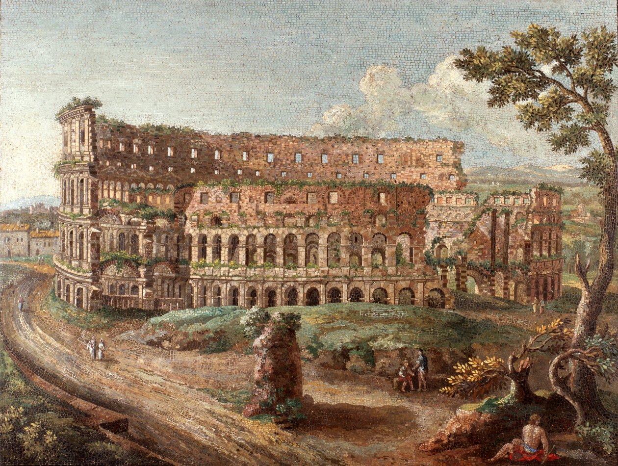 Jeden z dvojice římských mikromozaikových obrazů "Koloseum", cca 1774-75 (mozaika) od Cesare Aguatti
