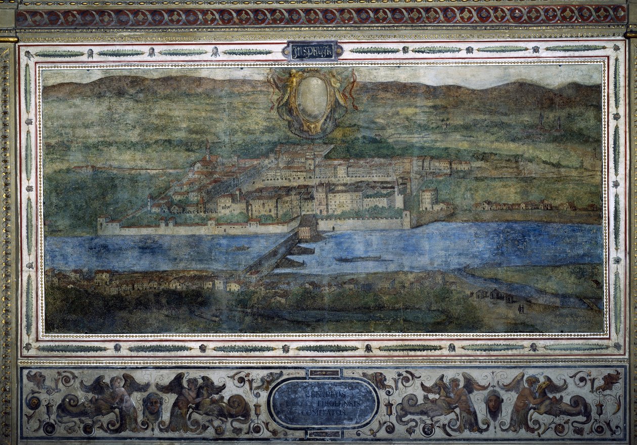 Pohled na město Innsbruck v Rakousku. Pohled na města habsburské říše. Freska Michelozzova dvora v Palazzo Vecchio ve Florencii. Malba Sebastiana Veroneseho Giovanniho Lombardiho, Cesare Baglioniho a Turina da Piamonte, kolem roku 1565. Siz od Cesare Baglioni