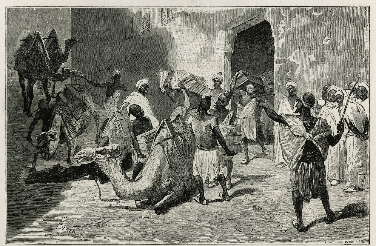Nakládání velbloudů z karavany autora příběhu Atangera, rytina od Bisea, pro ilustraci příběhu Le Maroc od Edmonda de Amicis, v roce 1875, publikovaný v tour du monde, pod vedením Edouarda Chartona od Cesare Biseo
