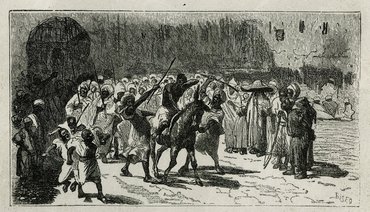 chatiment zloděje, leze na mulu, dostává obušky pod odstíny davu, rytina C.Biseo, pro ilustraci příběhu Le Maroc od Edmonda de Amicis, v roce 1875, publikovaný v tour du monde, pod směr Edouard Charton od Cesare Biseo