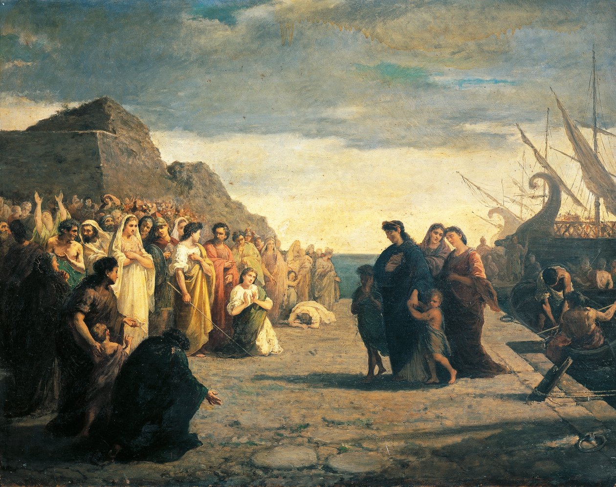 Agrippina připlouvající do přístavu Brindisi s Germanovým popelem, Cesare Caroselli (1847-1927), olej na plátně, Julio-Claudiánská dynastie, Itálie od Cesare Caroselli