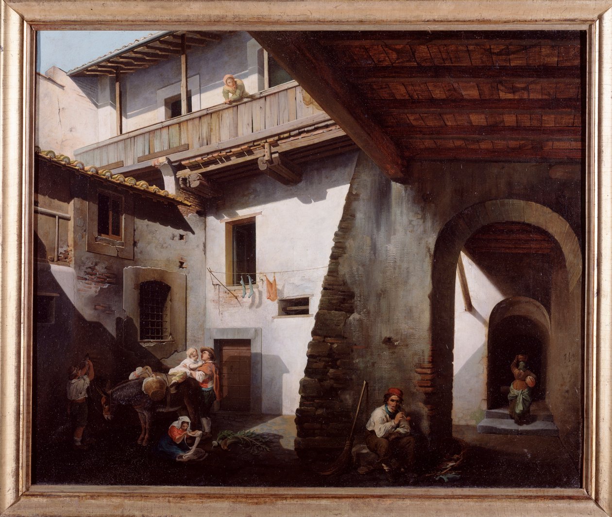 Sedláci na dvoře hostince (italští rolníci na hostinském dvoře) Obraz Cesare Coghettiho (činný v letech 1859–1881) 1863 Rozměr 70x85 cm Genes, Galleria d