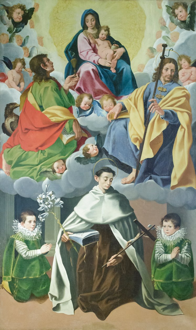 Panna s dítětem a sv. Jakubem, Janem Větším, Albertem degli Abati a dvěma dětmi z domu Panici, asi 1595-1598 (olej na plátně) od Cesare & Conti Vincenzo Conti