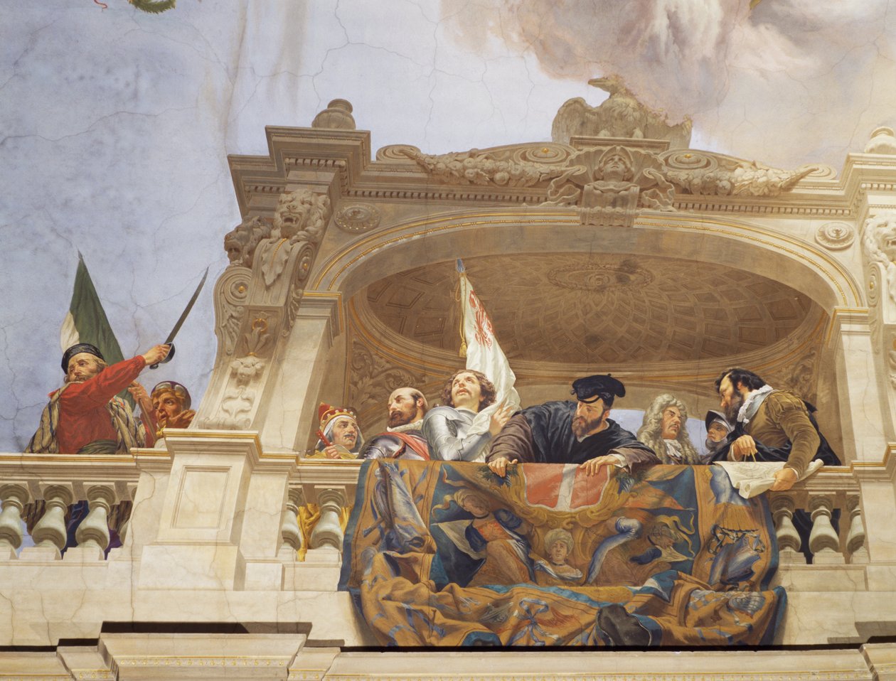 Detail z Alegorie Itálie, freska od Cesare Marianiho (1826-1901), strop, Síň většiny, Palác financí, Řím. Itálie od Cesare Mariani