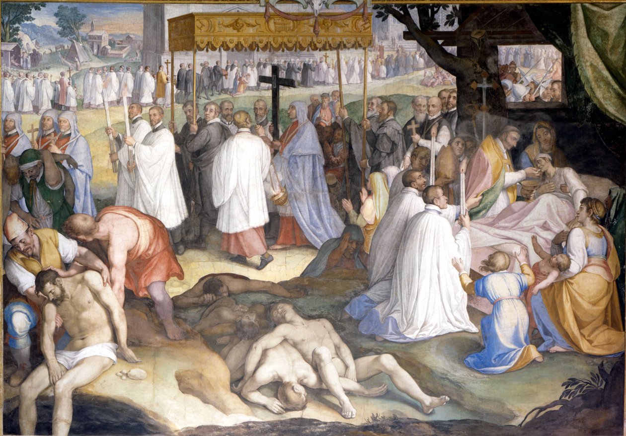 Svatý Karel Boromejský San Carlo Boromejský komunikoval s umírajícími morovými lidmi během moru v letech 1575 až 1577 v lazaretu v Miláně. Freska od Charlese Nebbia na Borromeo College v Pavii (Milán). od Cesare Nebbia