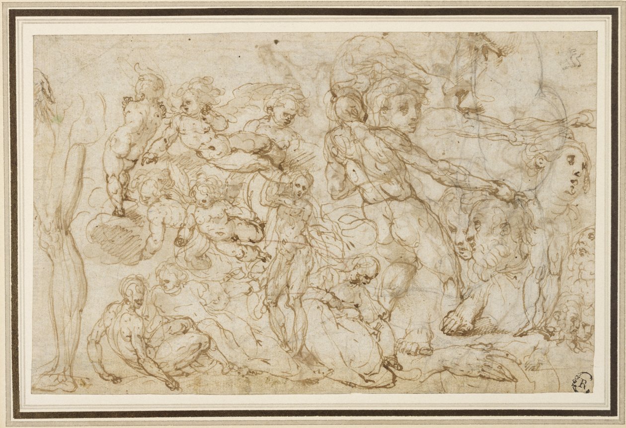 List figurálních studií, c. 1600 (inkoust a mytí, tužka, křída na položený papír) od Cesare Pollini