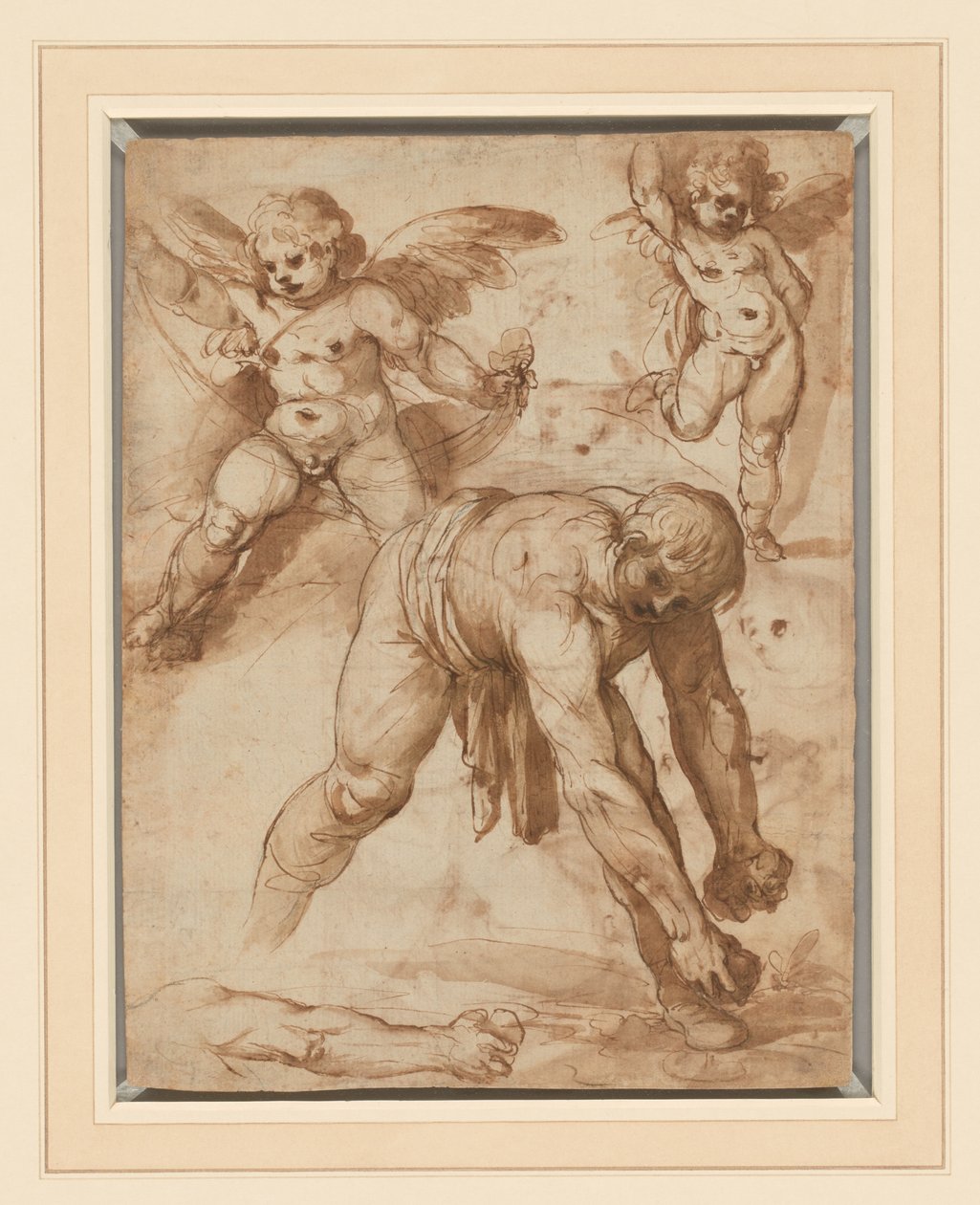 Studie ohýbající se postavy, dvou putti a paže (recto); Odpočinek na letu do Egypta (verze) od Cesare Rossetti