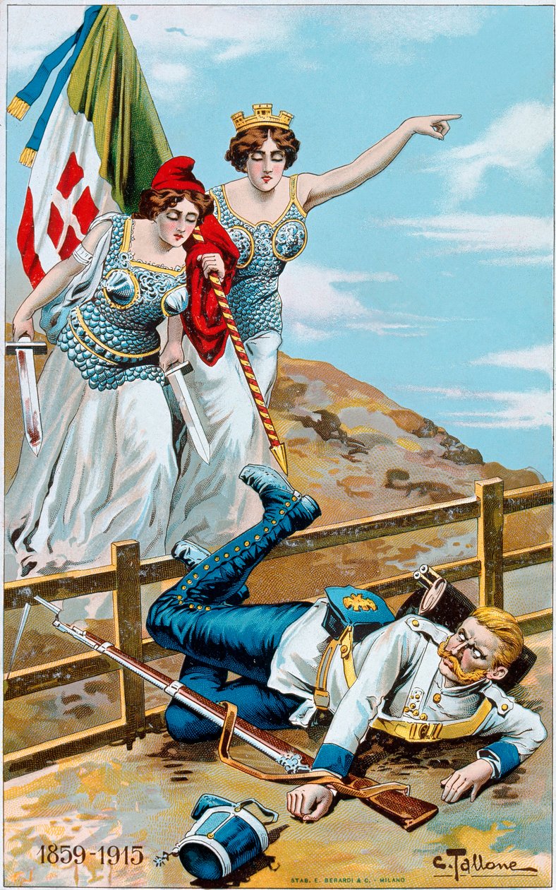 První světová válka: plakát zobrazující alegorii Itálie a Francie pronásledující Německo za hranice. Ilustrace Cesare Tallone (1853-1919) Soukromá sbírka od Cesare Tallone