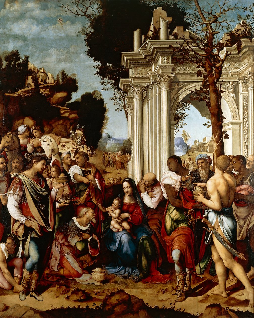 Klanění tří králů, Cesare da Sesto (1477-1523), Olej na plátně od Cesare da Sesto