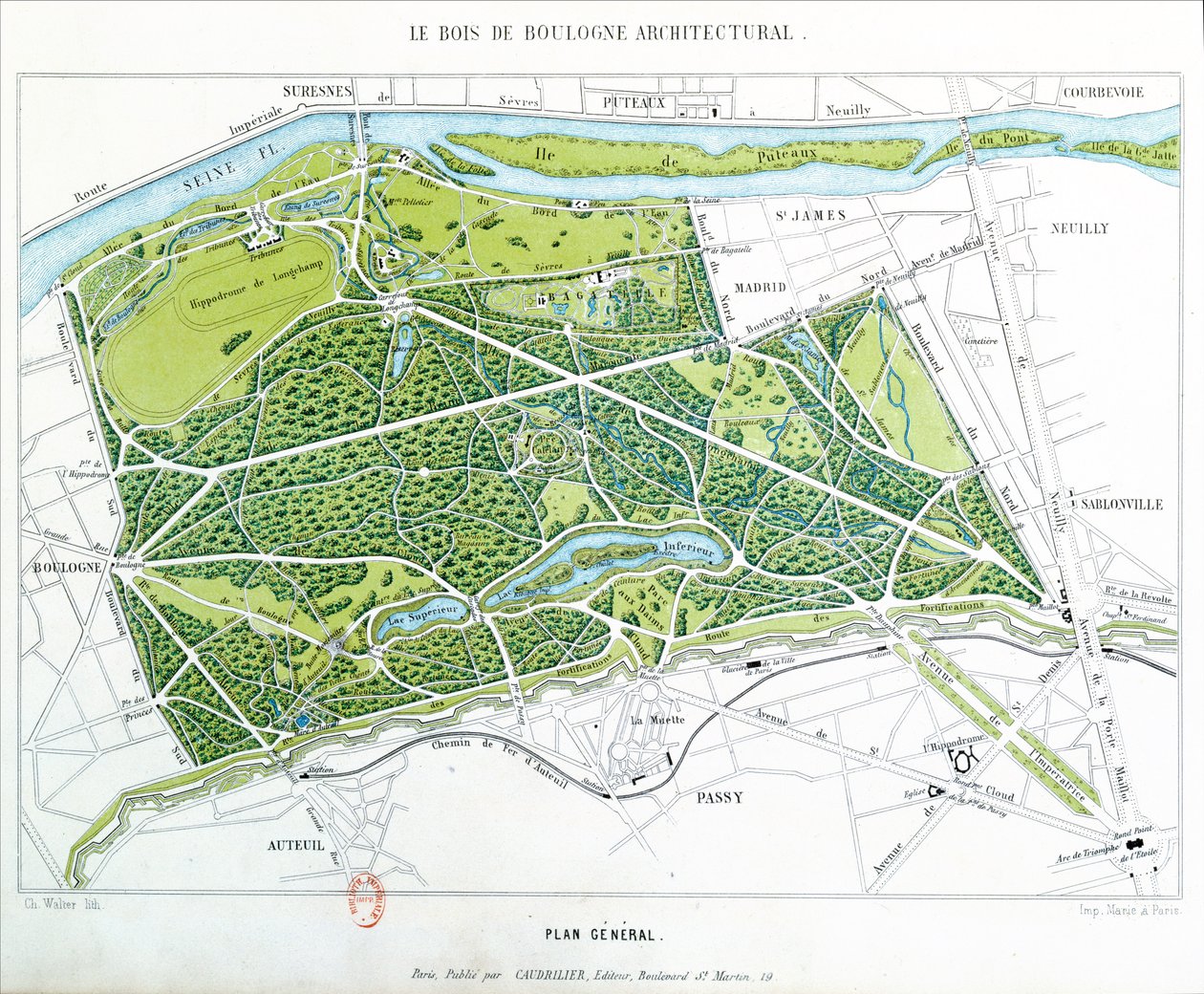 Plán Bois de Boulogne v Paříži, publikoval Caudrilier, 1860 od Ch. Walter