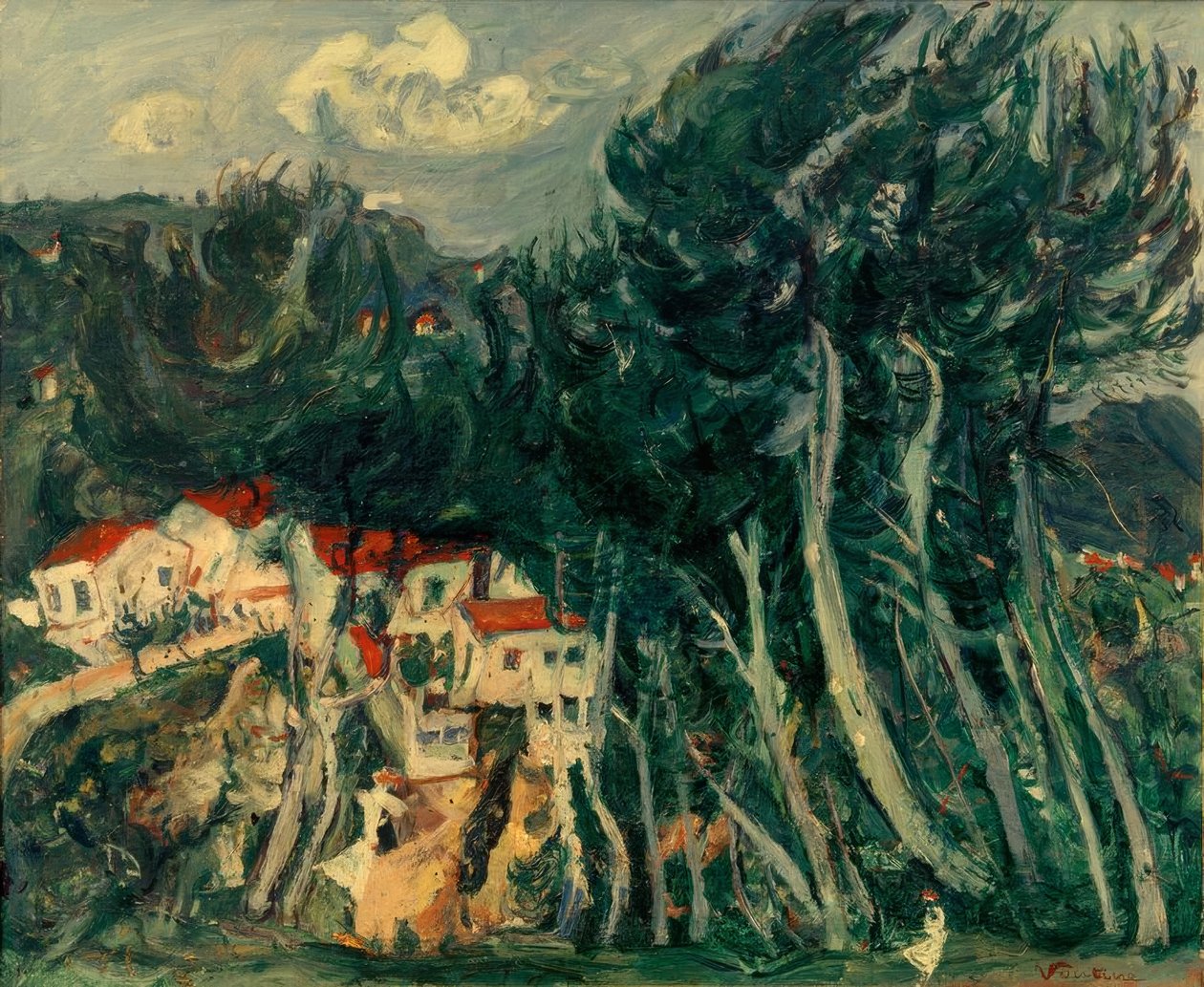 Ch. Soutine, vesnice vlevo, stromy vpravo od Chaim Soutine