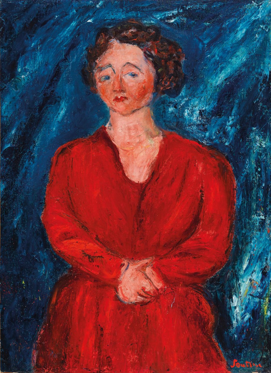 Žena v červeném na modrém pozadí, cca 1928. od Chaim Soutine