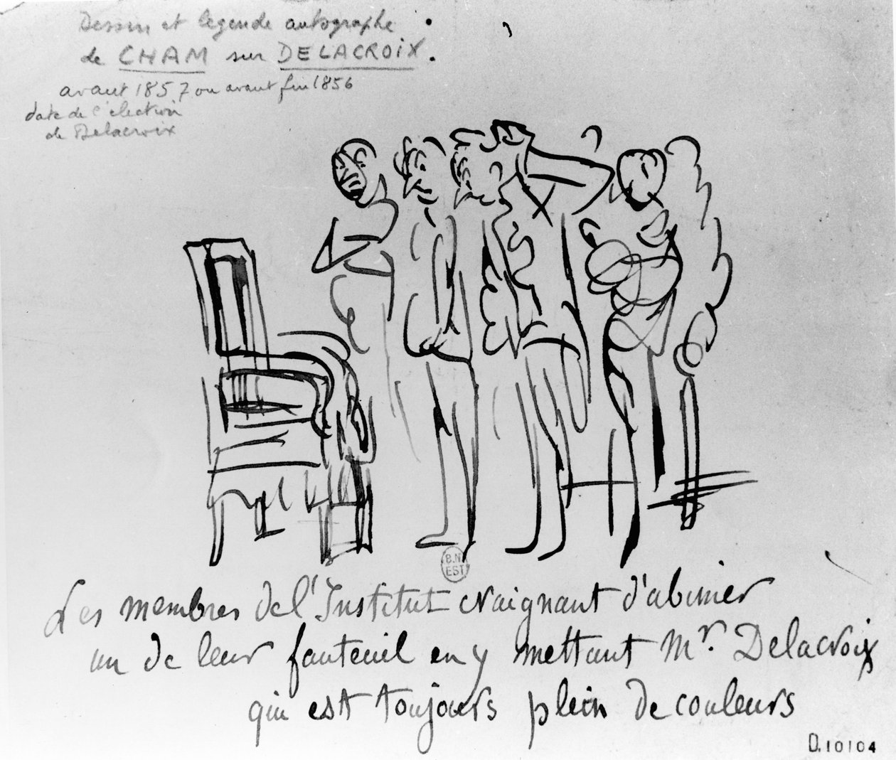 Neochota členů Institut de France nainstalovat Delacroixe na jednu ze svých židlí ze strachu, že jeho láska k barvám zašpiní sedadlo, 1856-7 (pero, štětec a inkoust na papíře) od Cham