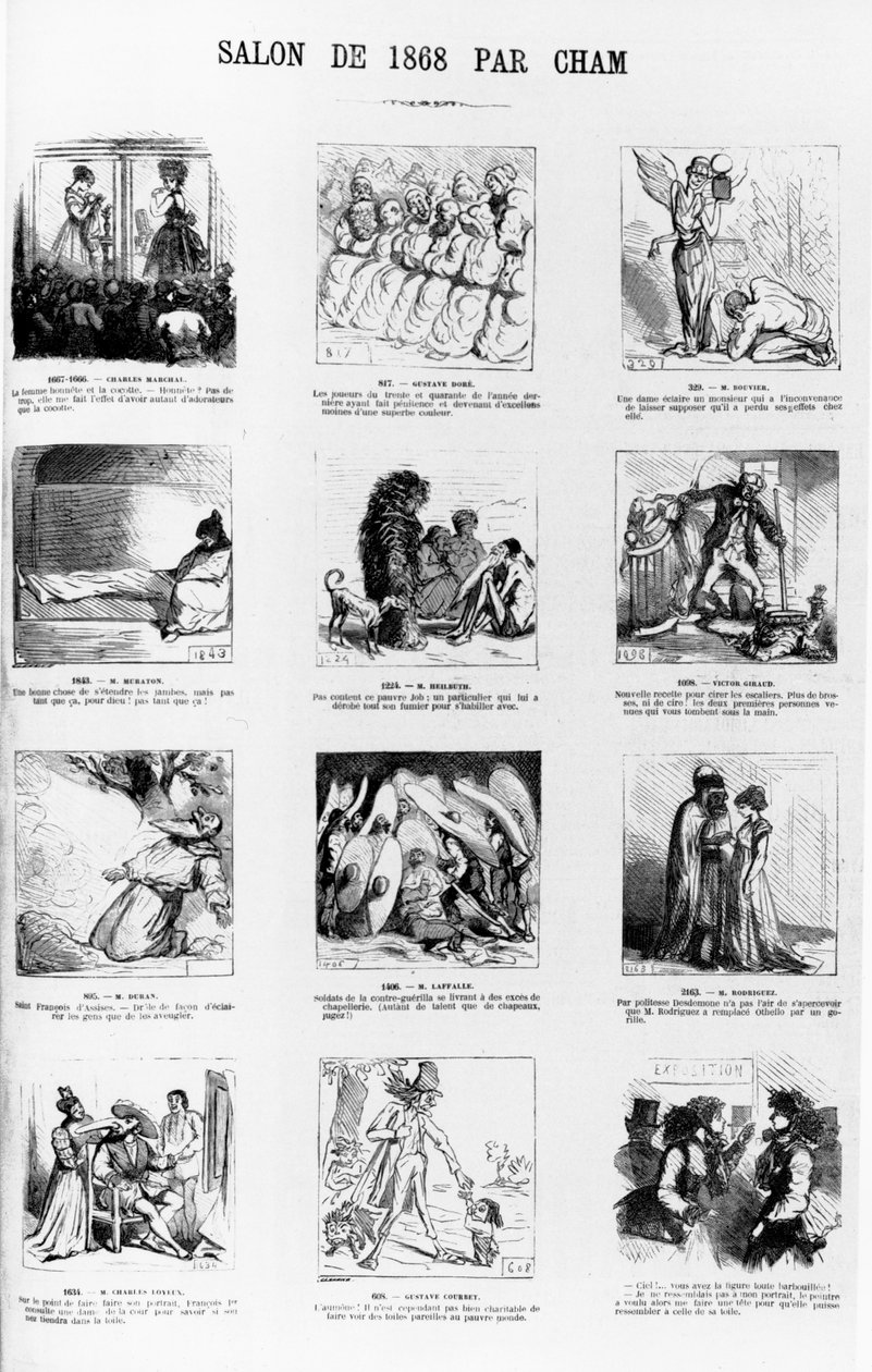 Salonní karikatury pařížského salonu z roku 1868, z časopisu 