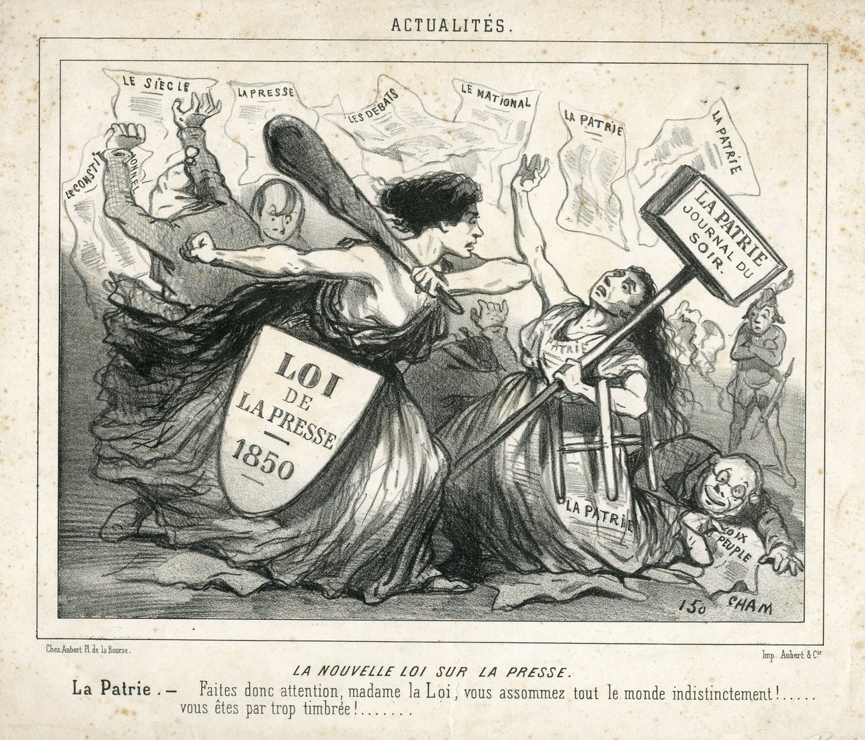 Ilustrace Chama (1819-1879) v Le Charivari, asi 1850-4-3 - Nový zákon o tisku - Cenzura, Tisk/Média, Loi - Proudhon Pierre-Joseph (1809-1965), Girardin Emile de (1806-1881) - Alegorie od Amédée de Noé