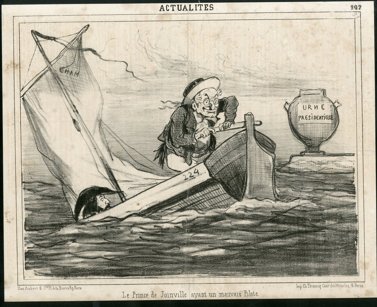 Ilustrace Chama (1819-1879) v Le Charivari, cca 1850 - Princ z Joinville má špatného pilota - Volby, prezident republiky, Maritime Marine Nautique Balneaire - Thiers Adolphe, Francois d