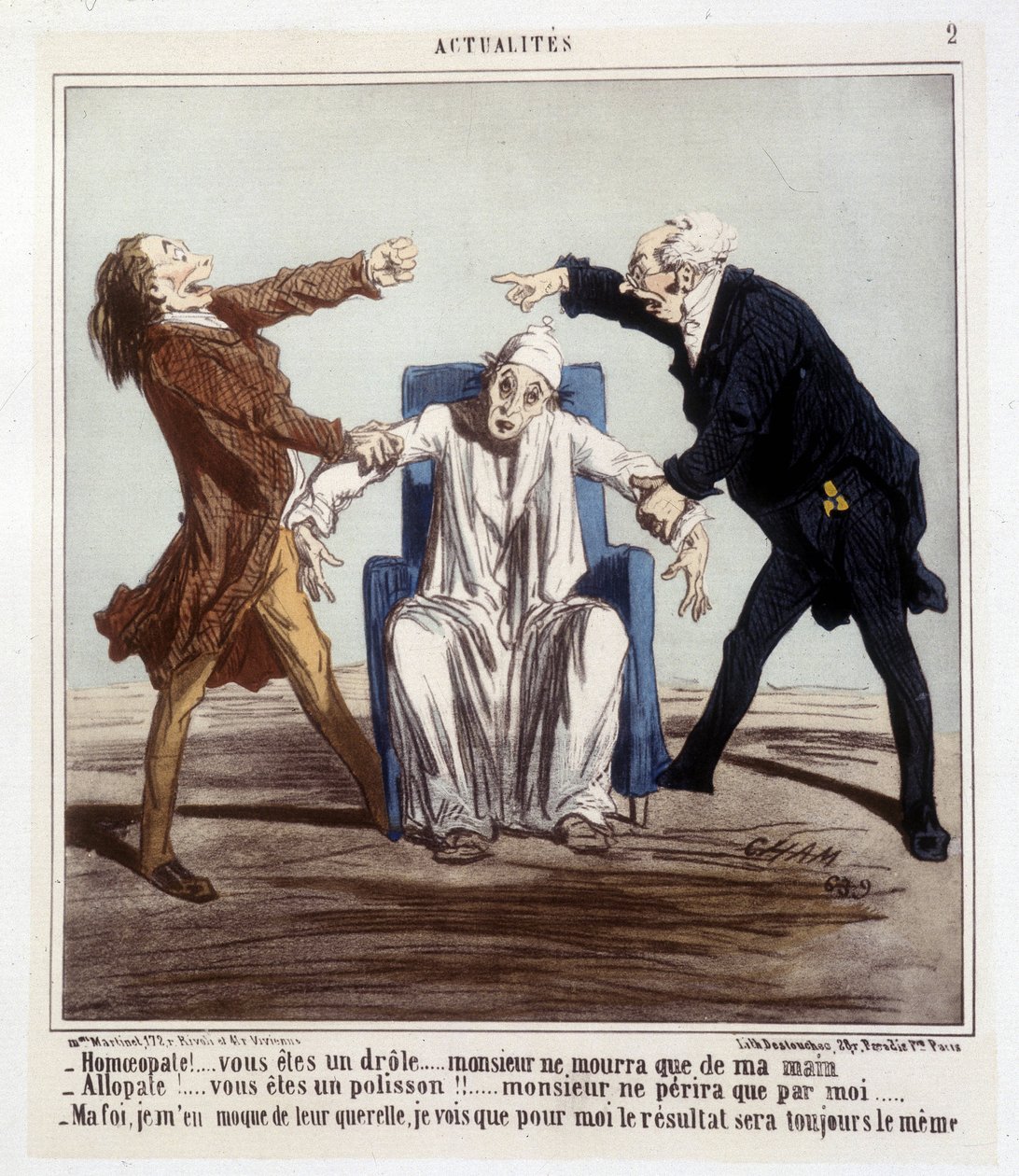 Karikatura o alopatii a homeopatii od Chama od Amédée de Noé