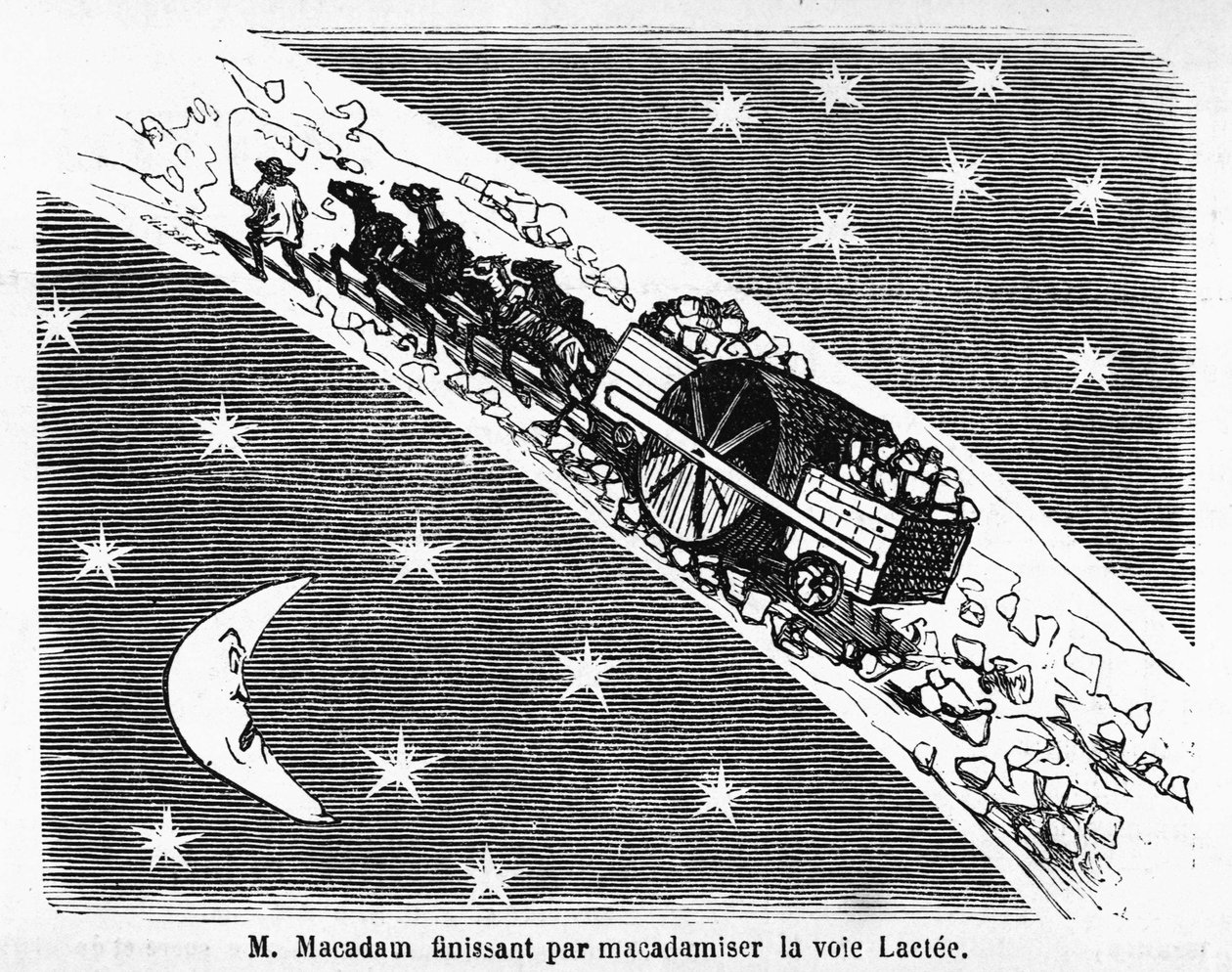 Kreslený film na kamenné krytině ulic, MacAdam, skotský inženýr (1756-1838): “” M. Macadam končící makadamizací Mléčné dráhy””” - v “”Album Charivarique””, nemocný. de Cham od Amédée de Noé