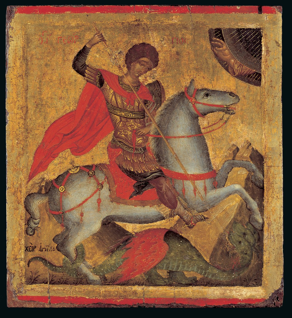 Ikona sv. Jiří na koni, zabíjení draka (vaječná tempera na dřevě) od Chanter Angelos Akotandos