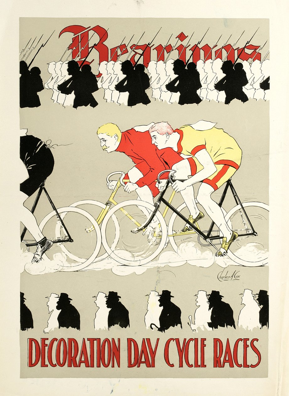 Ložiska, Dekorace Den Cyklus Závody. Plakát, cca 1890 (tištěný plakát) od Charles A. Cox