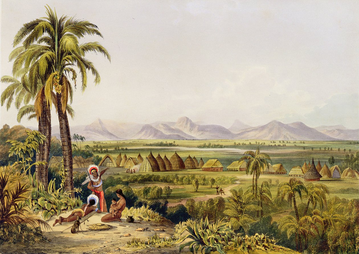 Pirara a jezero Amucu, The Site of Eldorado, tiskl Georges Barnard, z „Dvanáct pohledů do nitra Guayany“, Robert Herman Schomburgk (1804-65), vydáno 1840 (ručně kolorovaná litografie) od Charles Bentley