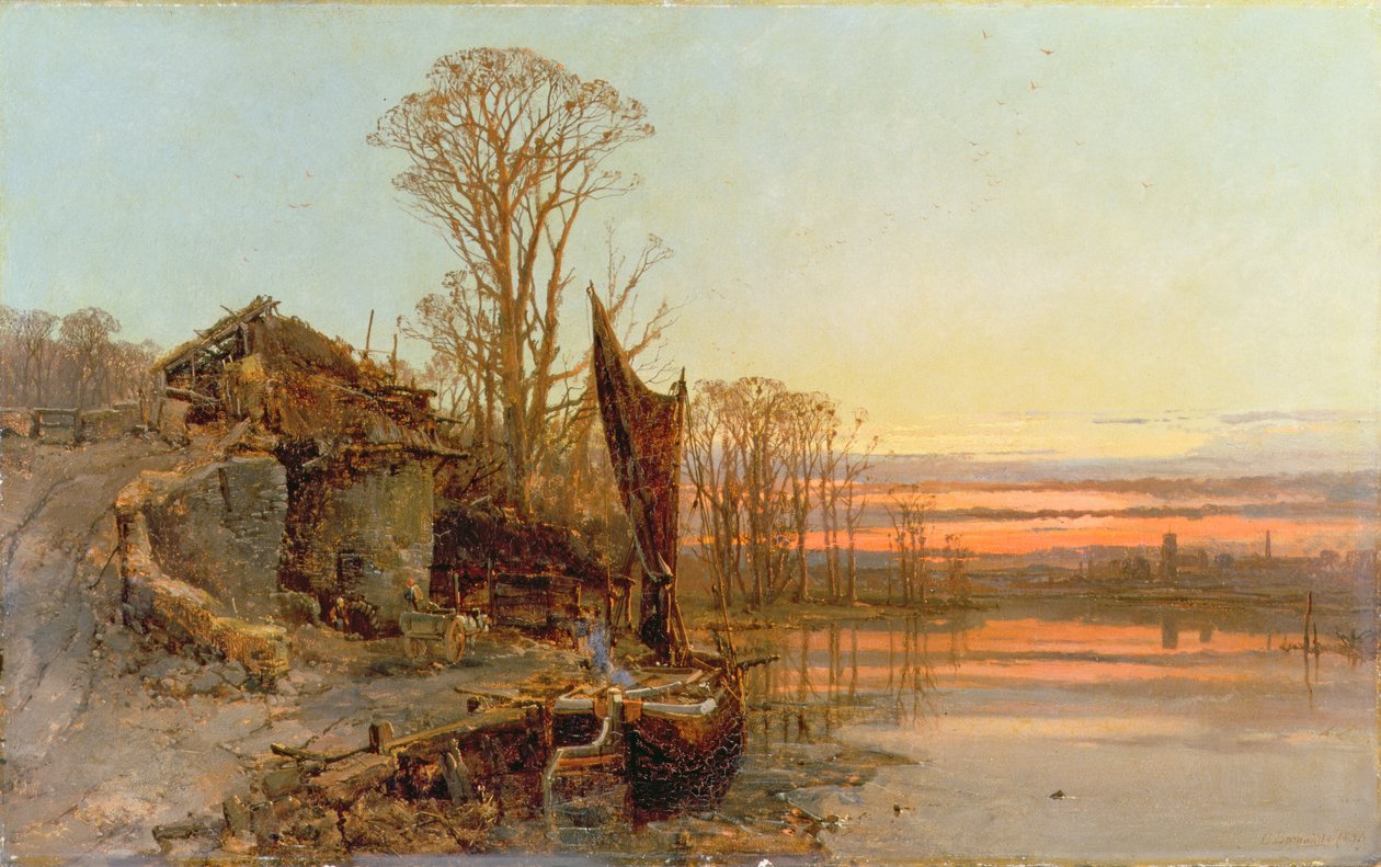 Krajina se zničenou chalupou při západu slunce, 1898 od Charles Branwhite