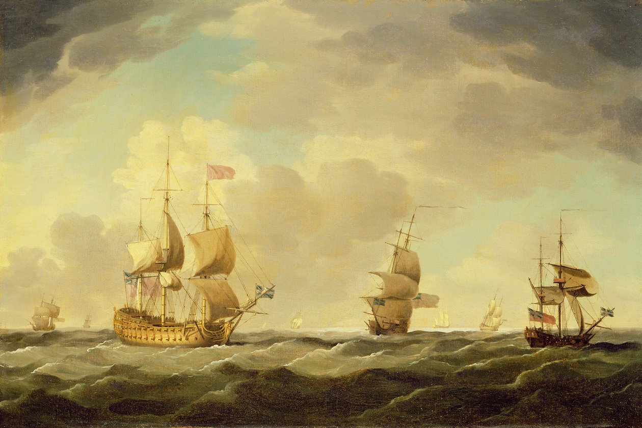 Anglická vlajková loď pod snadným plavením v mírném vánku, kolem roku 1750 od Charles Brooking