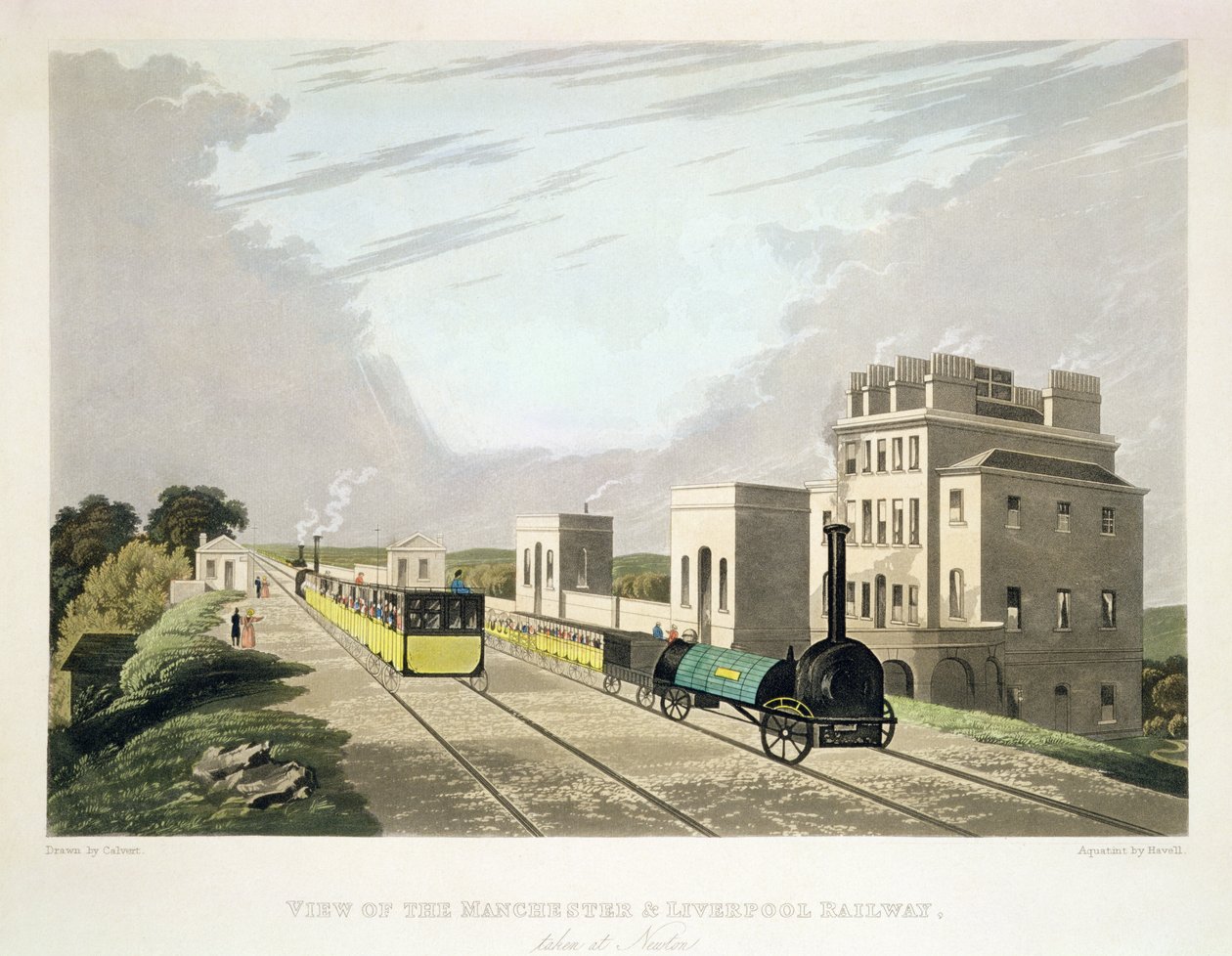 Pohled na Manchester a Liverpool Railway, pořízený v Newtonu, 1825, vyrytý Havellem (akvatinta) od Charles Calvert
