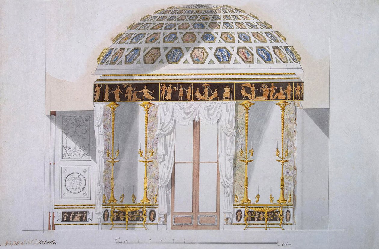 Návrh kabinetu Jasper v achátovém pavilonu v Carskoje Selo, kolem 1780 (pero a inkoust s wc na papíře) od Charles Cameron