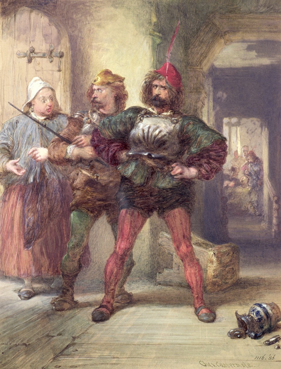 Paní Quicklyová, Nym a Bardolph ze Shakespearových her Falstaff (kresba) od Charles Cattermole