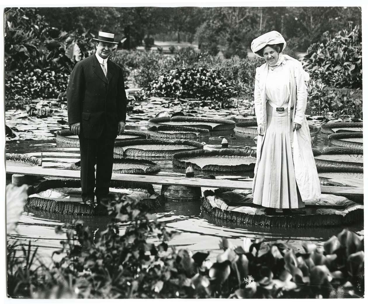 Tower Grove Park Lily Pond. Muž a žena stojící na Lily Pads. od Charles Clement Holt