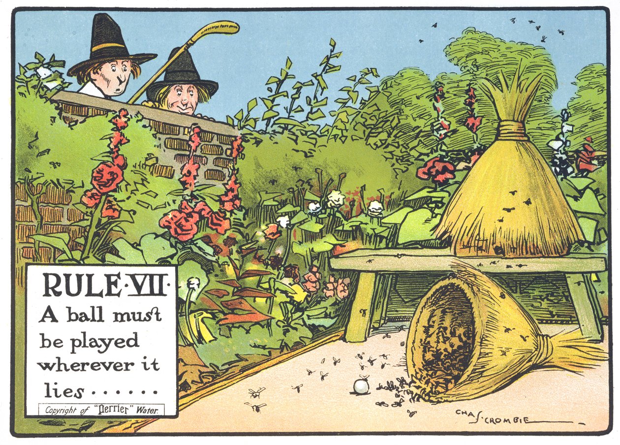 Pravidlo VII: Míč se musí hrát, ať leží kdekoli..., z „Pravidel golfu“, publikovaných kolem roku 1905 od Charles Crombie