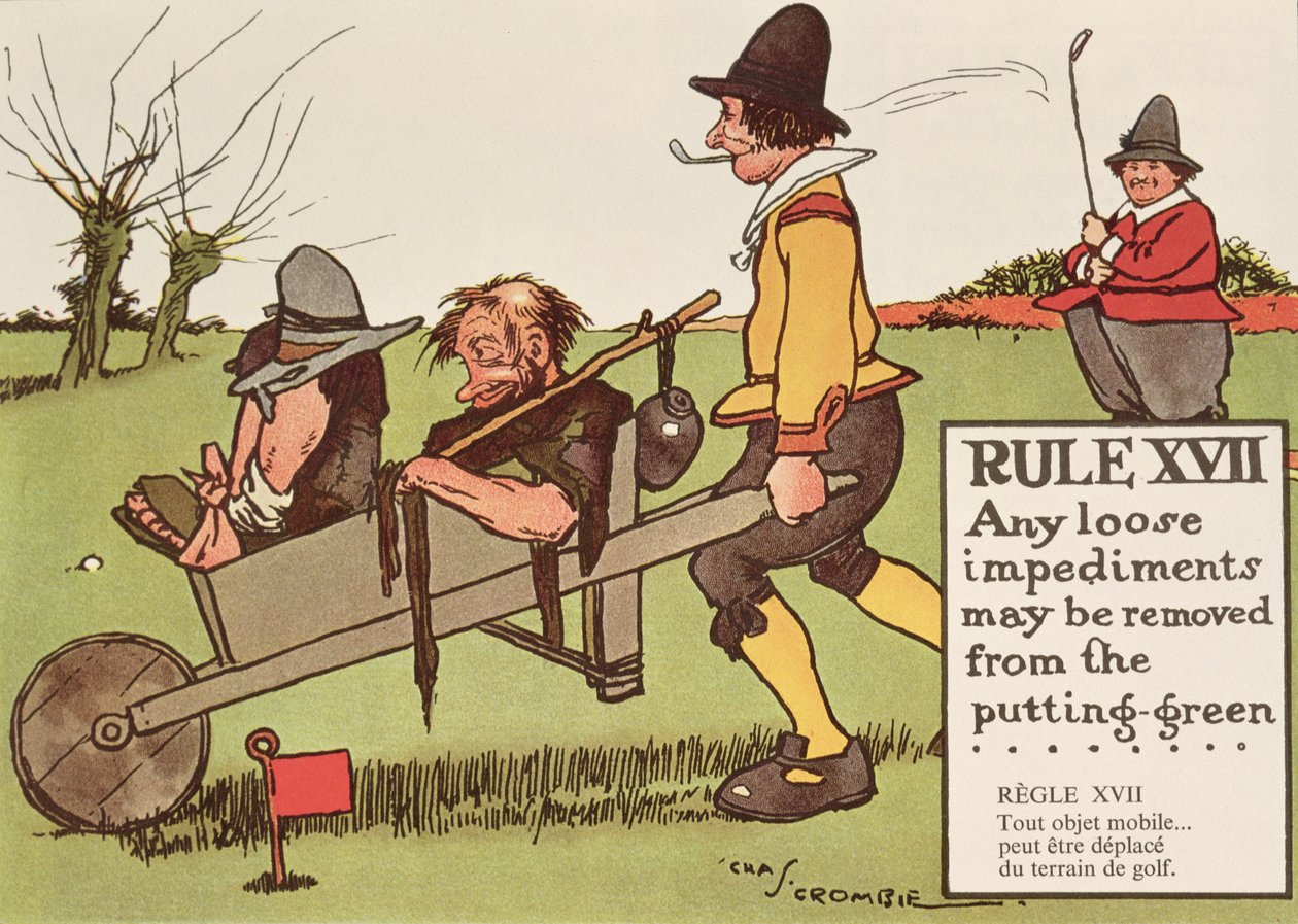 Pravidlo XVII: Jakékoli volné překážky mohou být z jamkoviště odstraněny z „Pravidel golfu“, publikovaných kolem roku 1905. od Charles Crombie