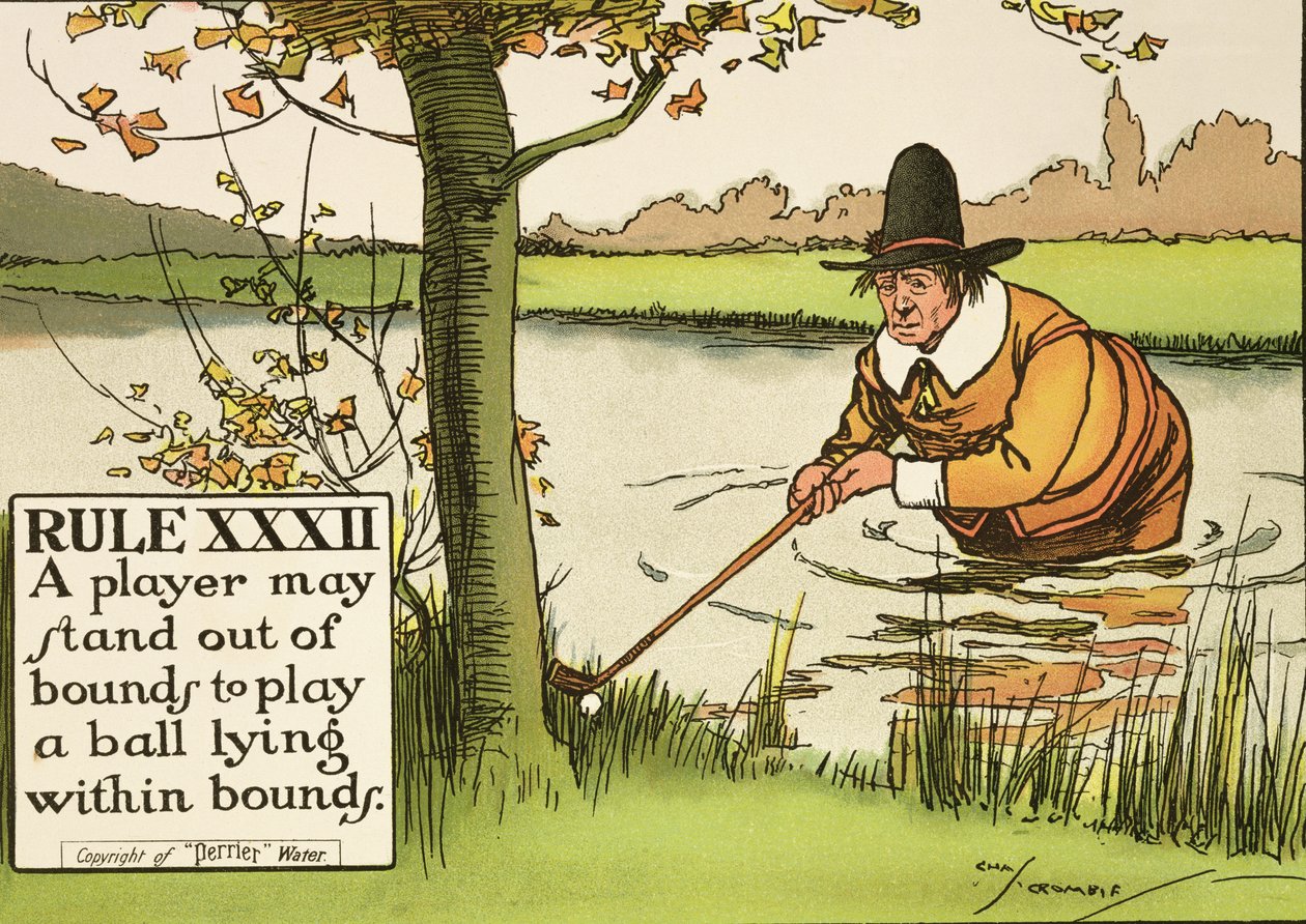 Pravidlo XXXII: Hráč může stát mimo hrací plochu, aby zahrál míč ležící uvnitř hranice, z „Pravidel golfu“, publikovaných kolem roku 1905. od Charles Crombie