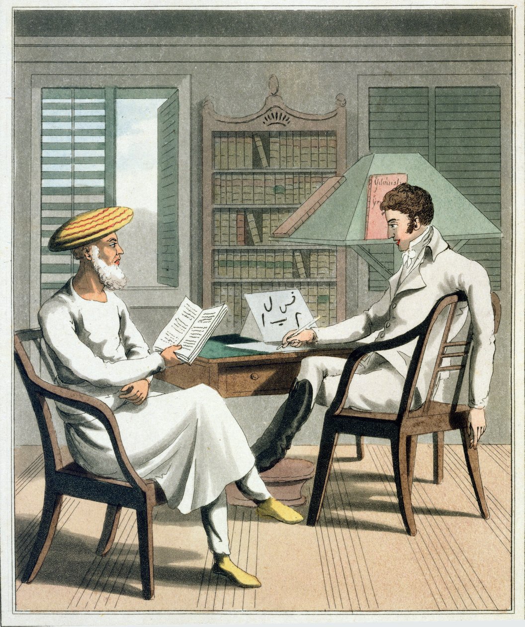 Evropský gentleman se svým Moonshee neboli domorodým profesorem jazyků, deska 1 z knihy "Evropan v Indii", vydané roku 1813 (ručně kolorovaná akvatinta) od Charles d Oyly