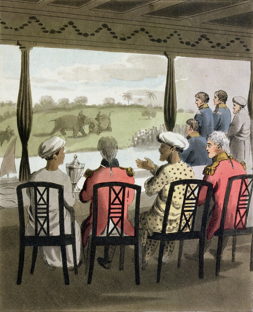 Markýz Wellesley a jeho suita u snídaňového stolu naboba z Oude při sledování boje slonů, deska 20 z knihy "Evropan v Indii", vydané roku 1813 (ručně kolorovaná akvatinta) od Charles d Oyly